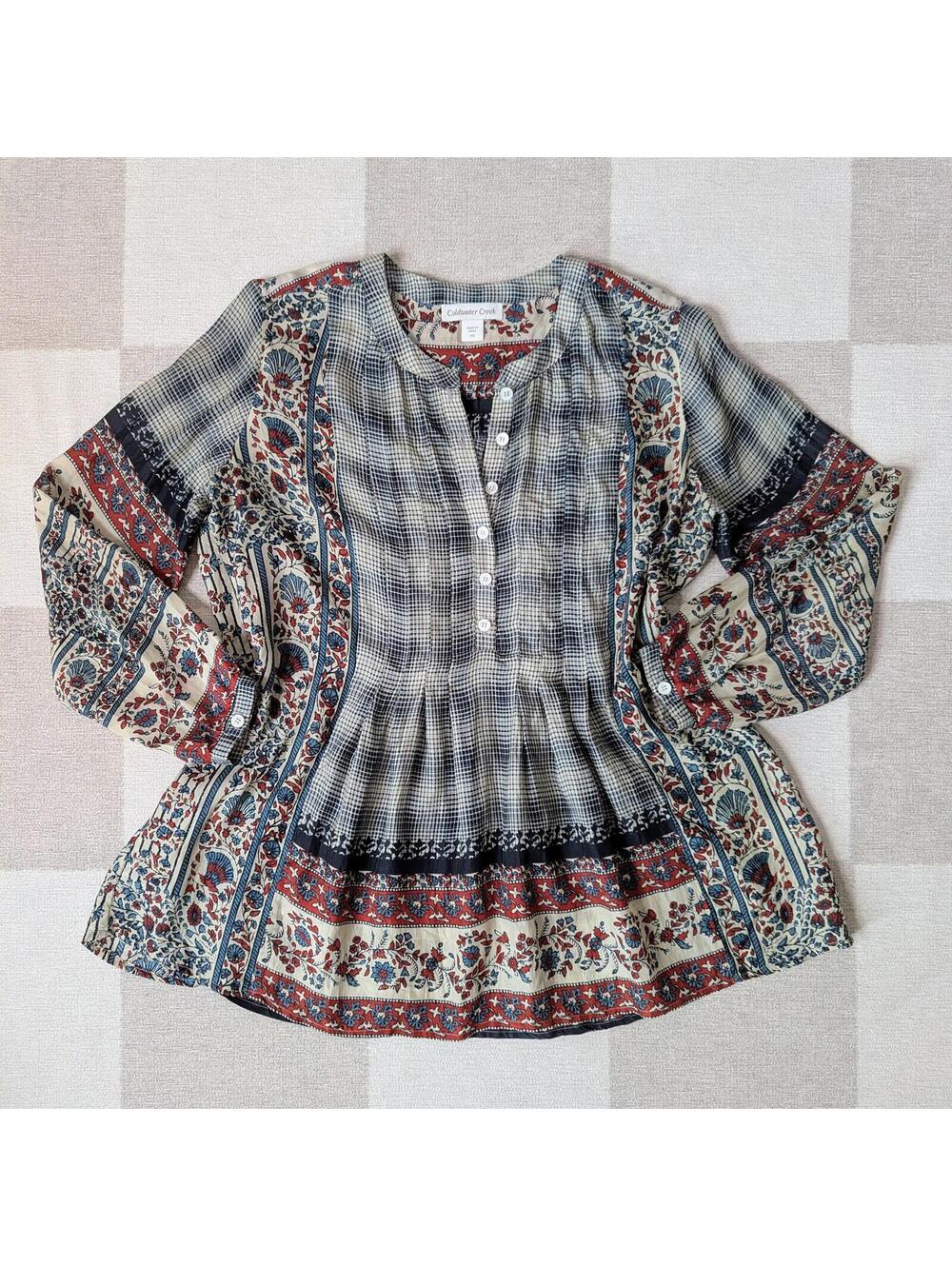 Coldwater Creek 100% silk boho plaid patchwork peasant blouse